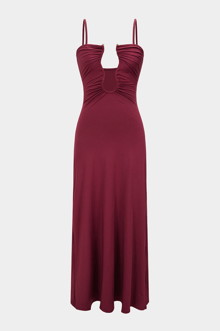 Cut Out Ruched Sleeveless Backless Slip Maxi Dress