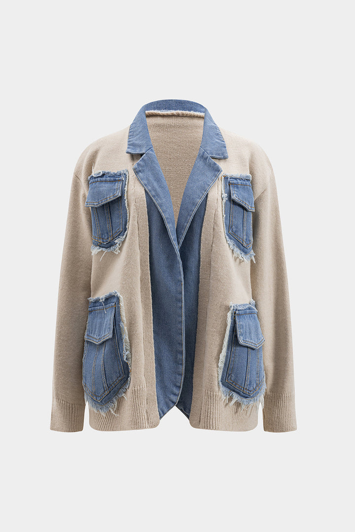 Ripped Pocket Patchwork Sweater Cardigan