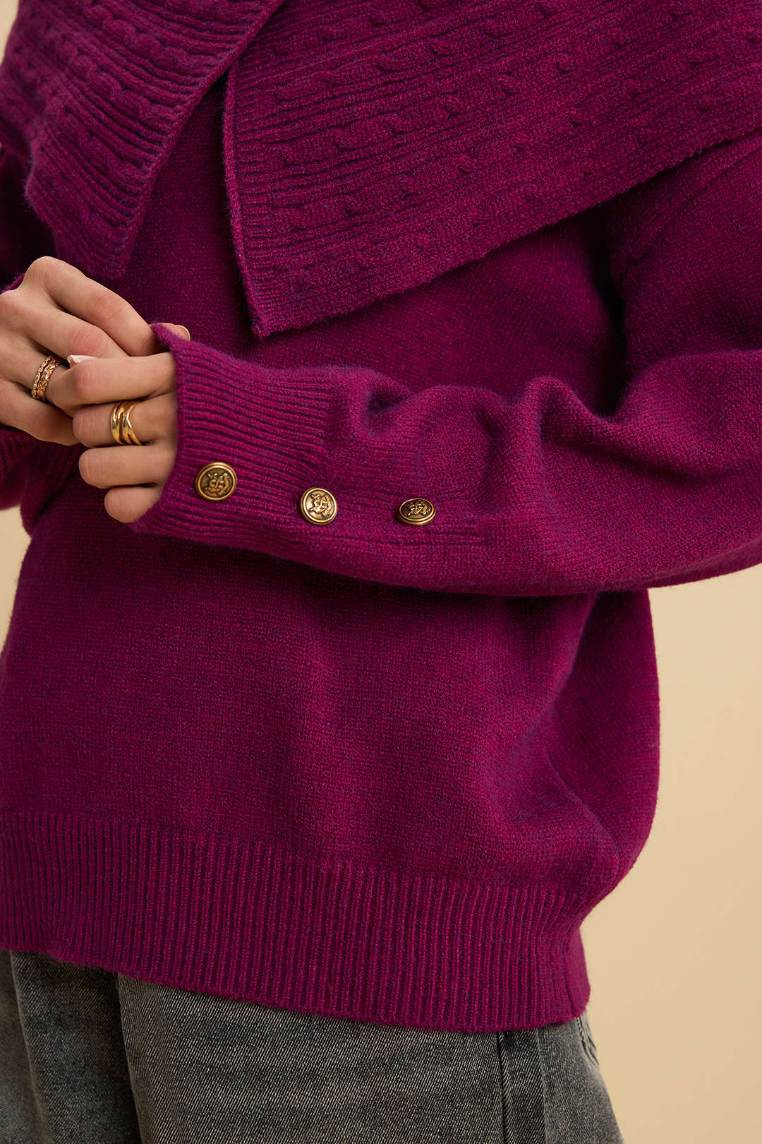Knit Irregular Lapel Button Long-Sleeve Top