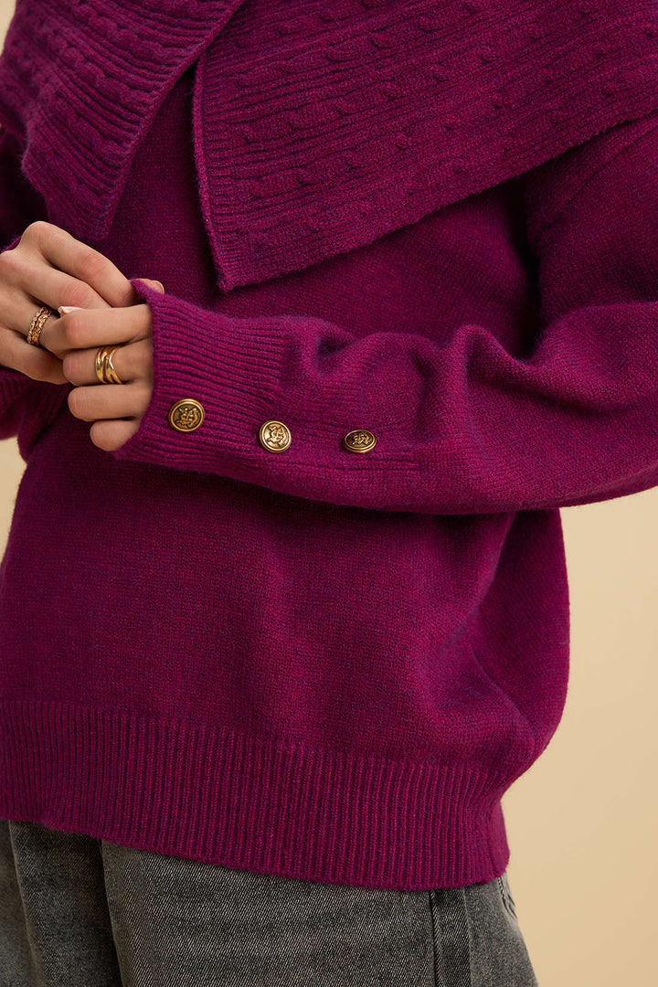 Knit Irregular Lapel Button Long-Sleeve Top
