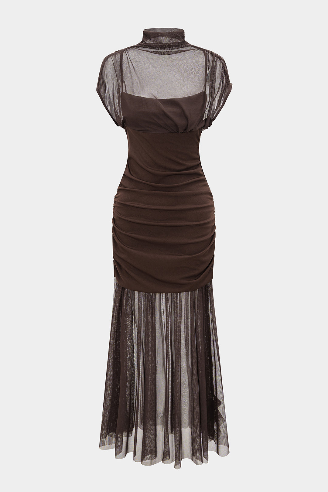 Mesh Patchwork Mock Neck Short-Sleeve Maxi Dress