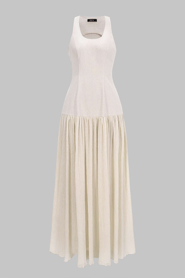 Linen U-Neck Ruched Sleeveless Maxi Dress