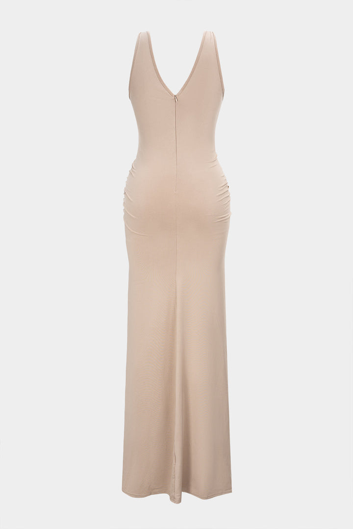 Metallic Decor Cut Out Ruched Slip Sleeveless Maxi Dress