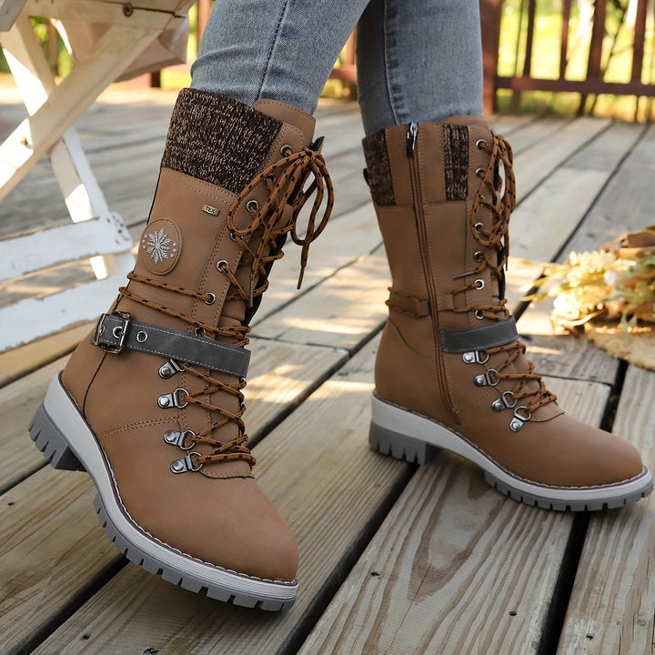 Cordelia™ | Knit-cuff buckle-strapped lace-up hiking boots