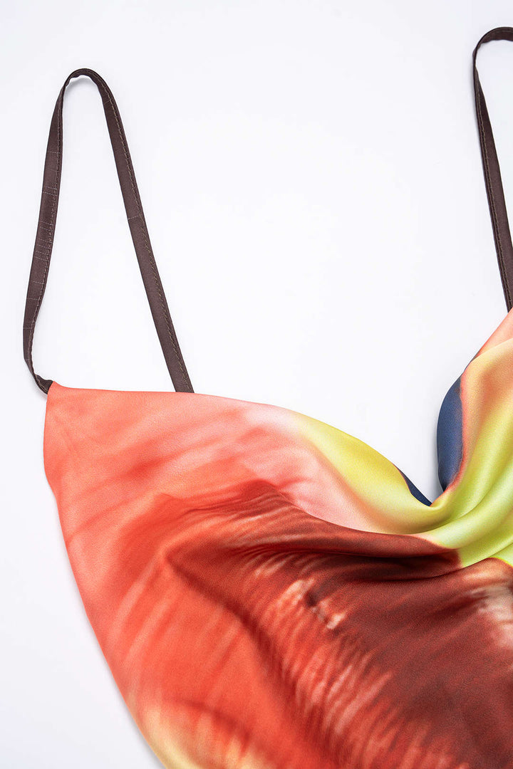 Tie Dye Print Satin Draped Cowl Neck Sleeveless Maxi Dress