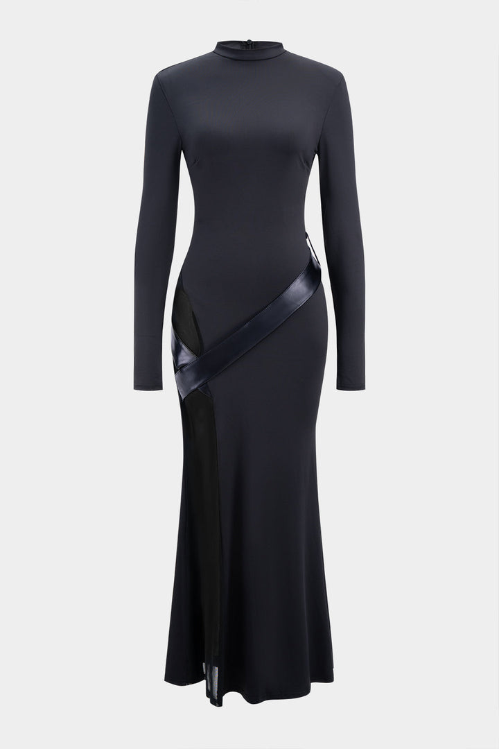 Round Neck Patchwork Zipper Long Sleeve Maxi Dress