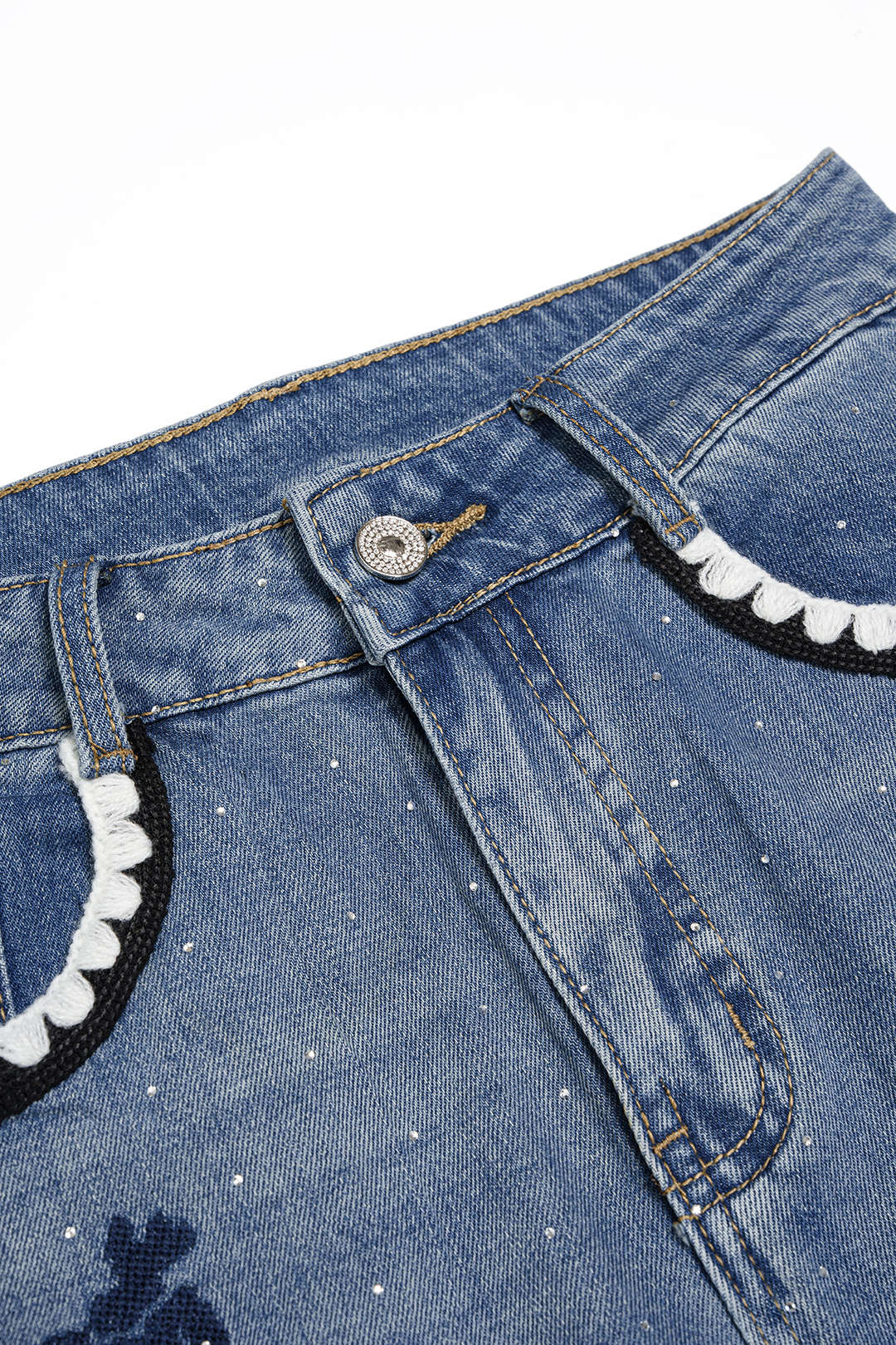 Denim Floral Embroidery High Waist Straight Leg Jeans