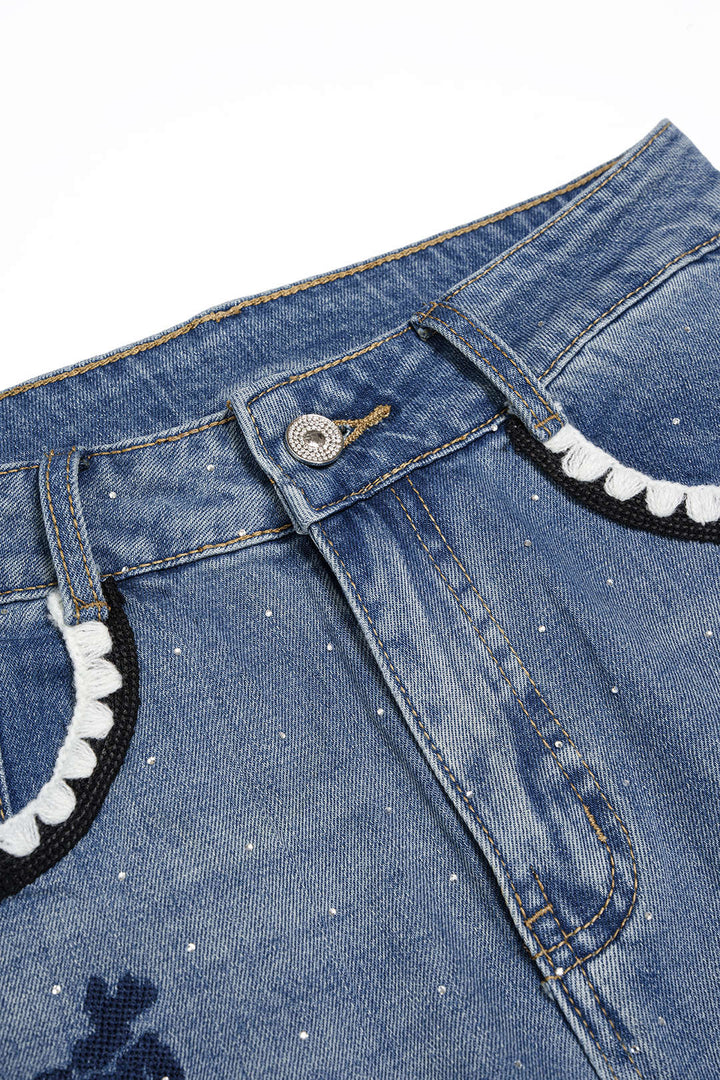 Denim Floral Embroidery High Waist Straight Leg Jeans