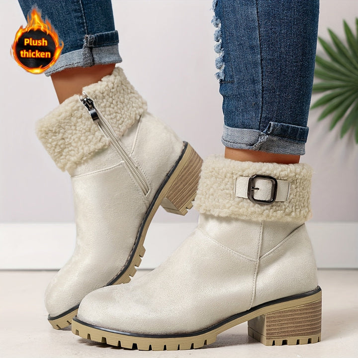 Mirella™ | Sherpa-cuff buckled side-zip heeled ankle boots