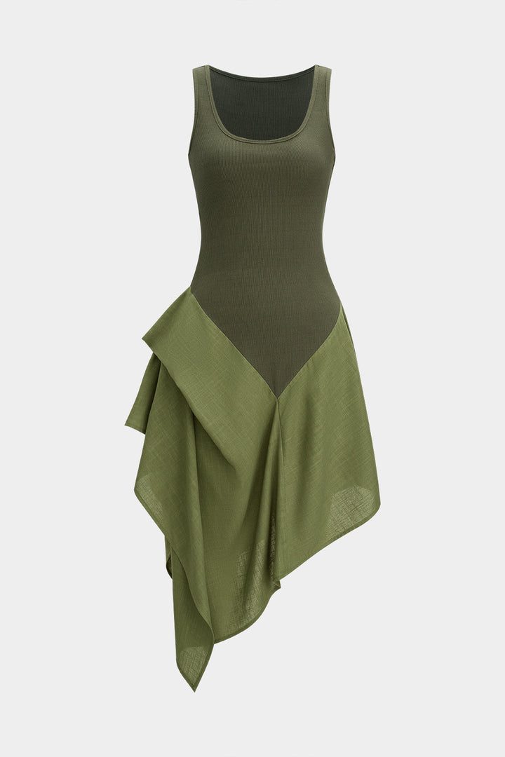 Linen Patchwork Ruched Asymmetrical Sleeveless Maxi Dress