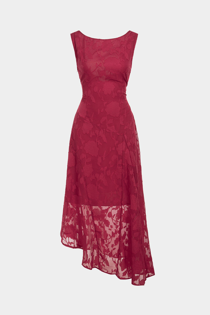 Jacquard Patchwork Lace Round Neck Backless Tie Back Sleeveless Maxi Dress
