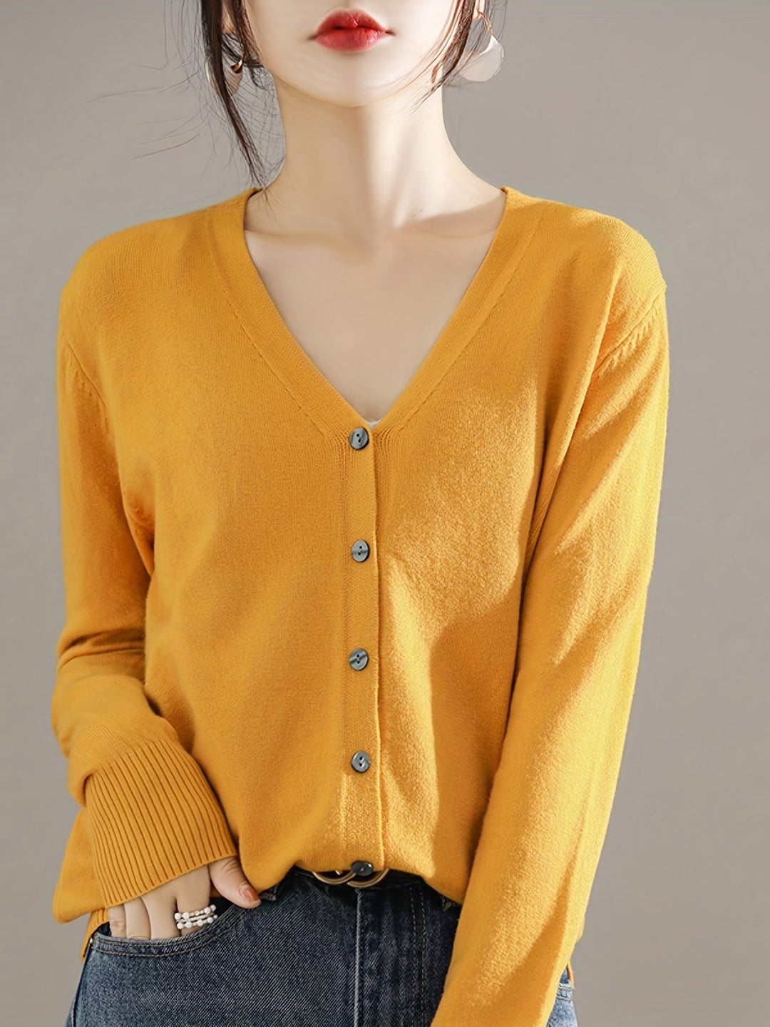 Solène™ | Button-Front Ribbed-Cuff V-Neck Cardigan Sweater