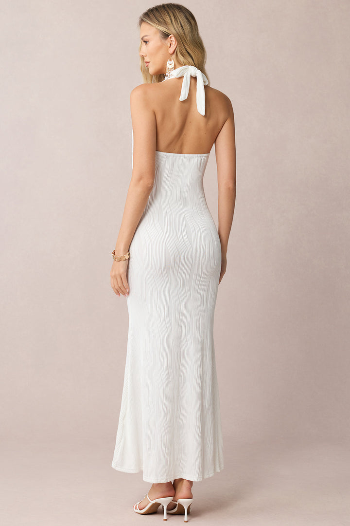 Halter Neck Tie Back Backless Metallic Decor Sleeveless Maxi Dress