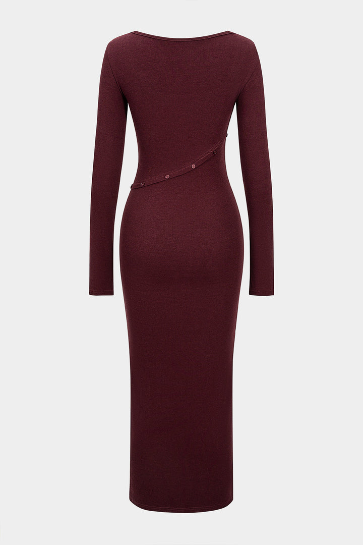 Asymmetrical Button Split Square Neck Long Sleeve Maxi Dress