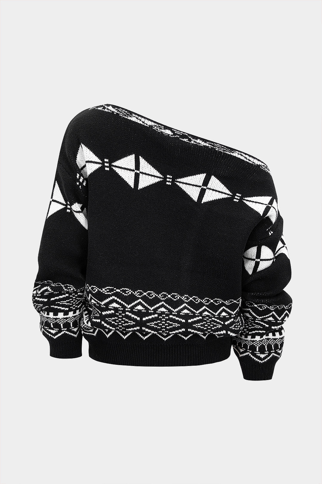 Knit Geometric Print Slant Shoulder Long-Sleeve Top