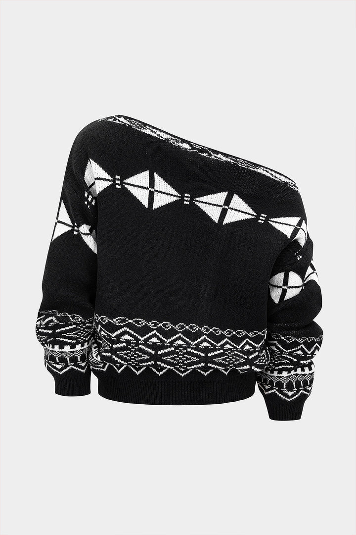 Knit Geometric Print Slant Shoulder Long-Sleeve Top