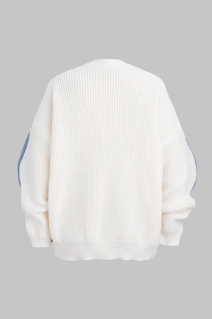 Denim Patchwork V-Neck Pocket Sweater Cardigan
