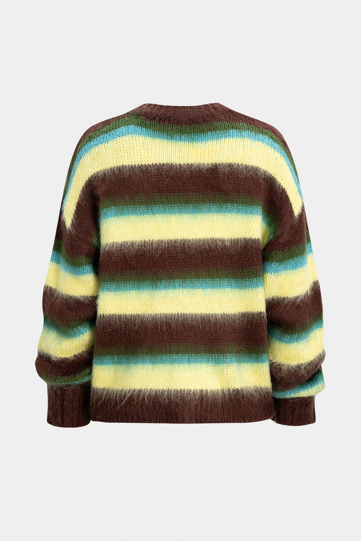 Knit Stripes Contrast Print Round Neck Long-Sleeve Top