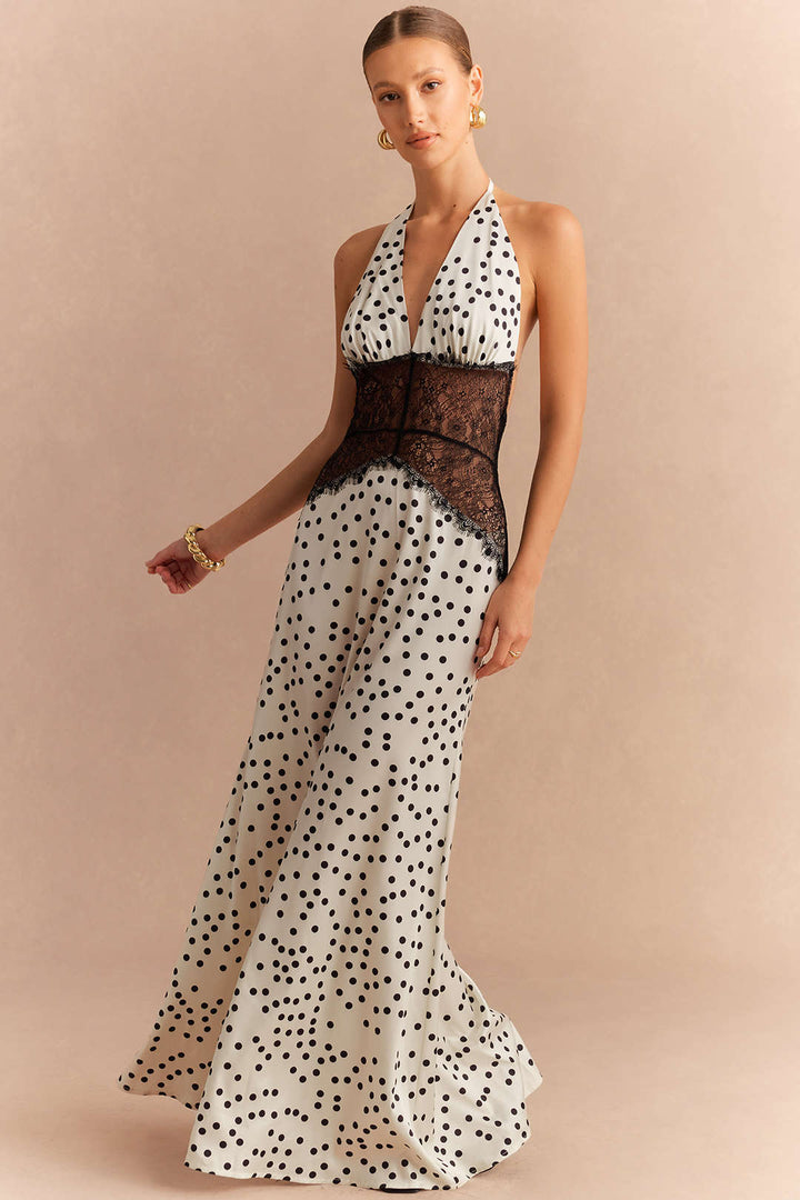 Polka Dots Print Satin Patchwork Lace Halter V-Neck Backless Sleeveless Maxi Dress