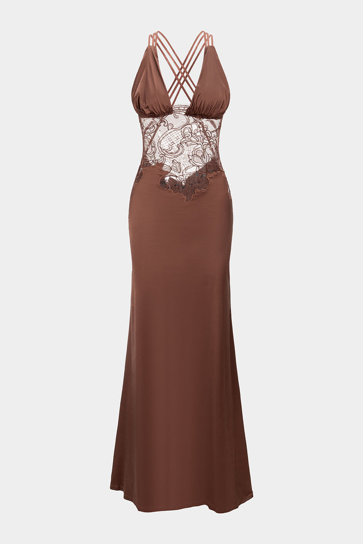 Stain Patchwork Sheer Lace V-Neck Crosssed Backless Maxi Dress