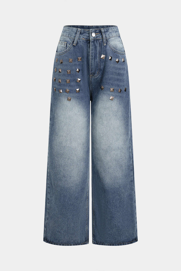 Denim Rivets Decor Pocket Wide Leg Jeans