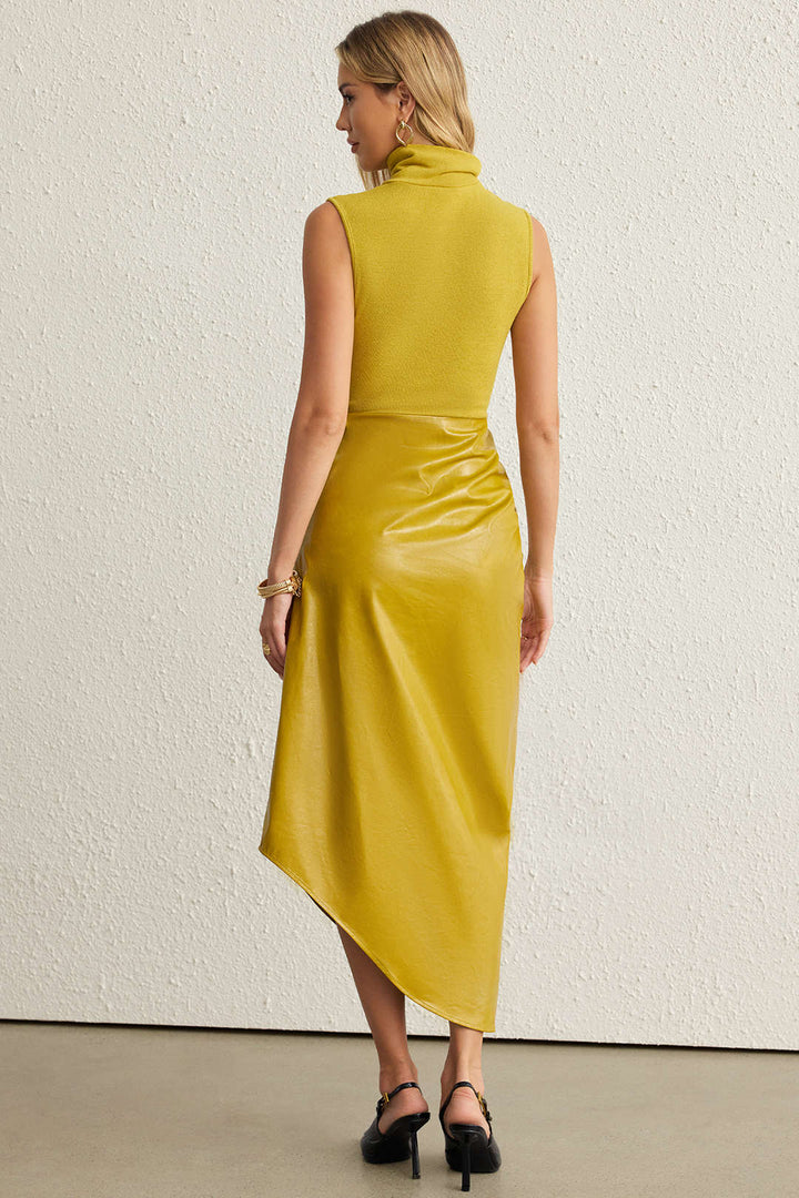 Faux Leather Patchwork High Neck Pleated Sleeveless Maxi Dress