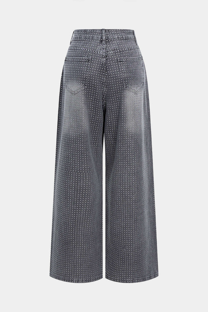 Denim Rhinestone High Waist Straight Leg Jeans