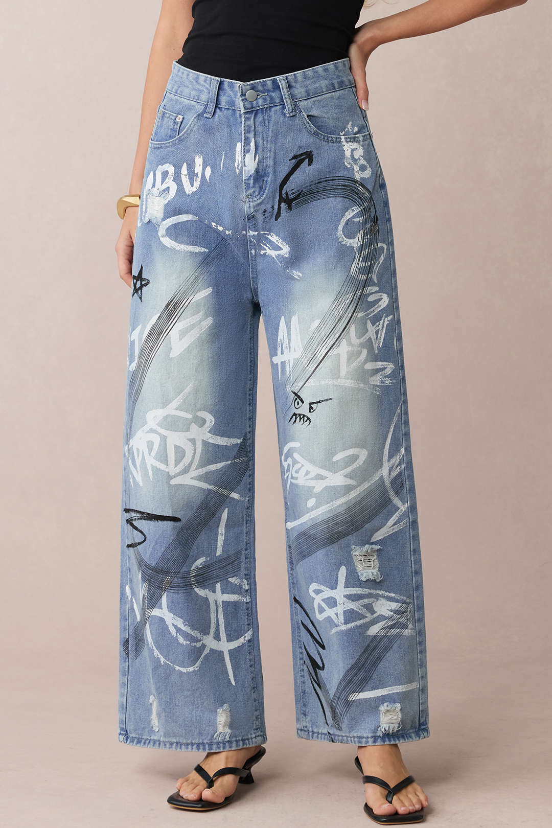 Denim Graffiti Print Zipper Straight Leg Jeans