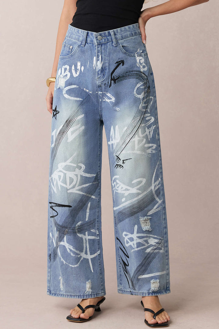 Denim Graffiti Print Zipper Straight Leg Jeans