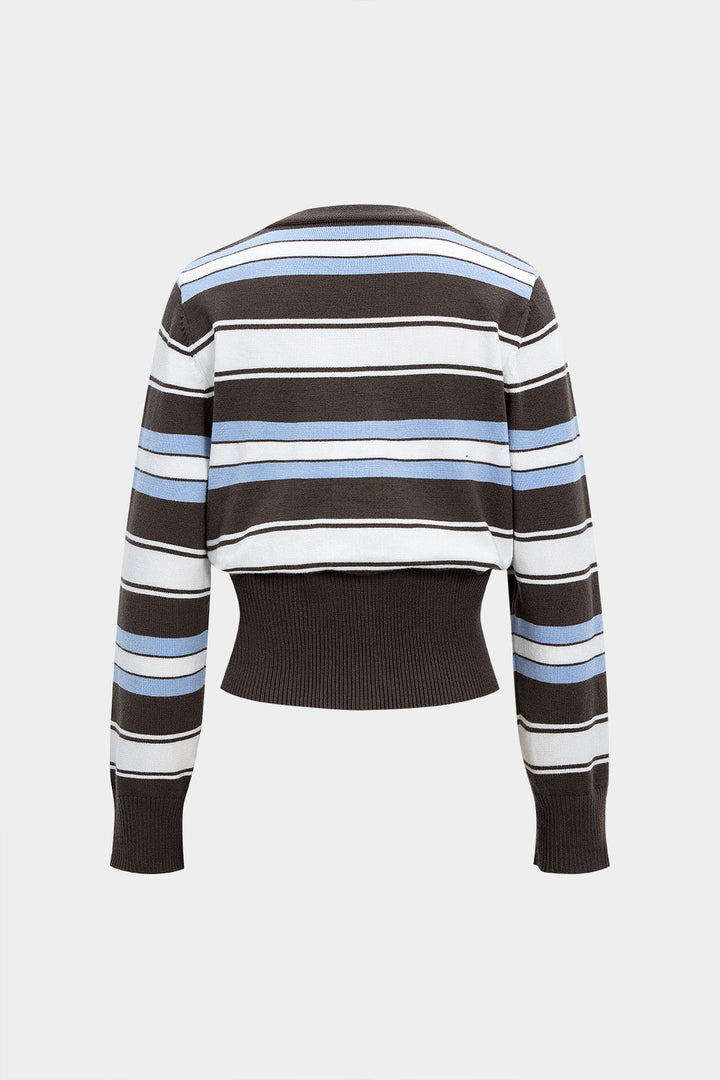 Knit Contrast Stripes Print V-Neck Button Long-Sleeve Top