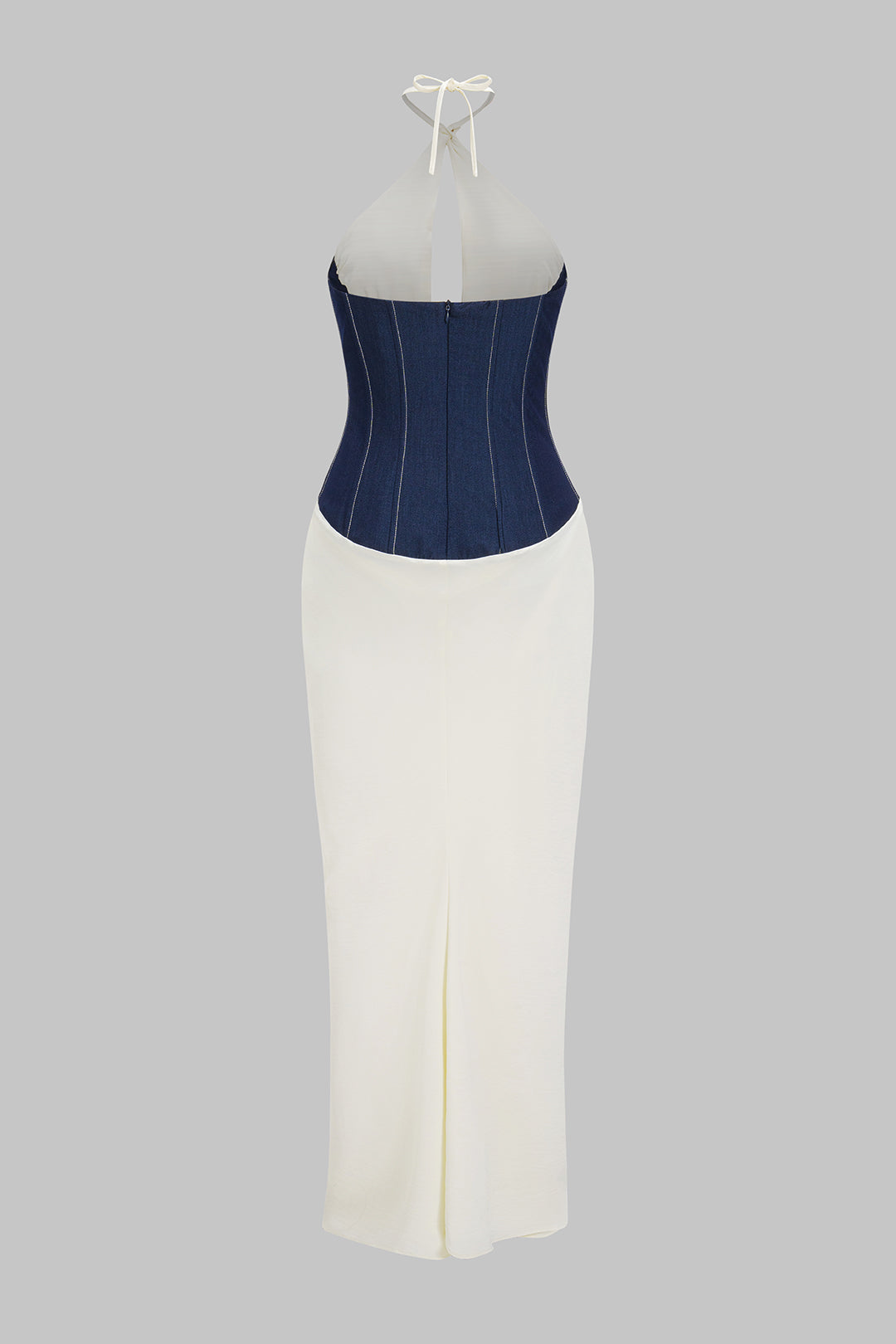 Denim Patchwork Halter Neck Sleeveless Maxi Dress