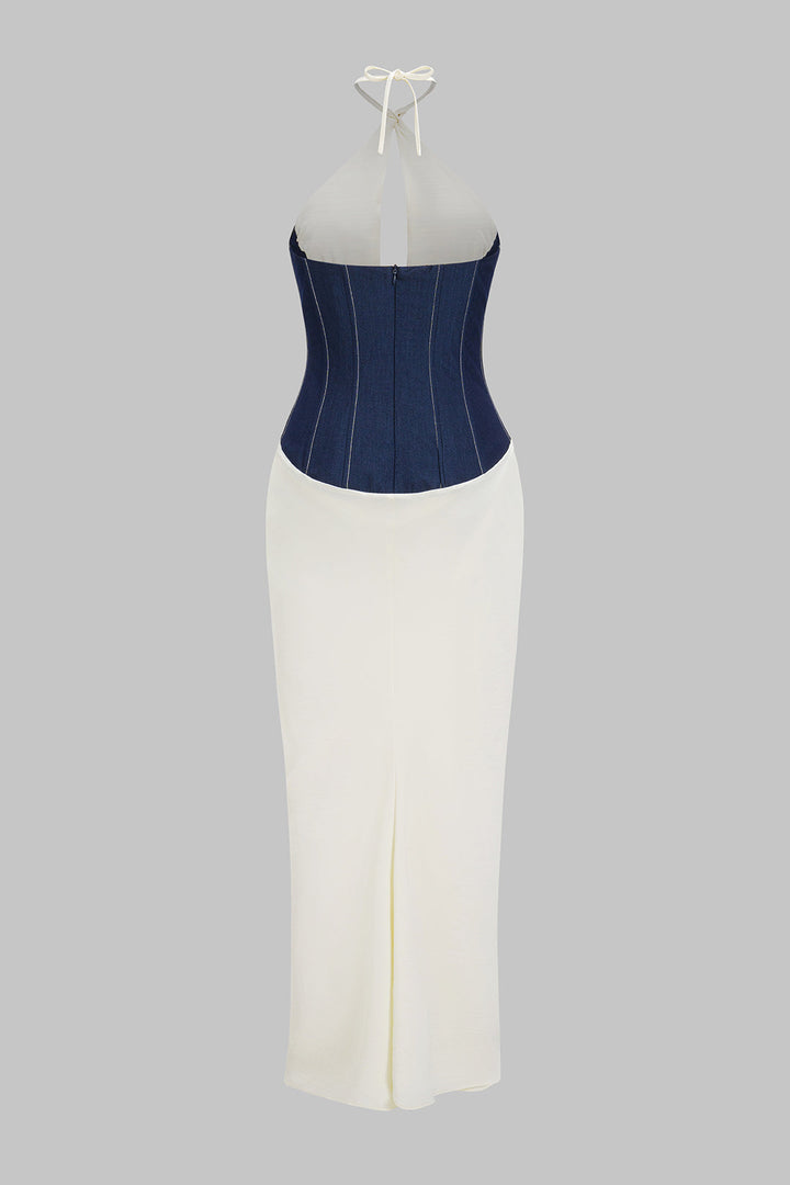 Denim Patchwork Halter Neck Sleeveless Maxi Dress