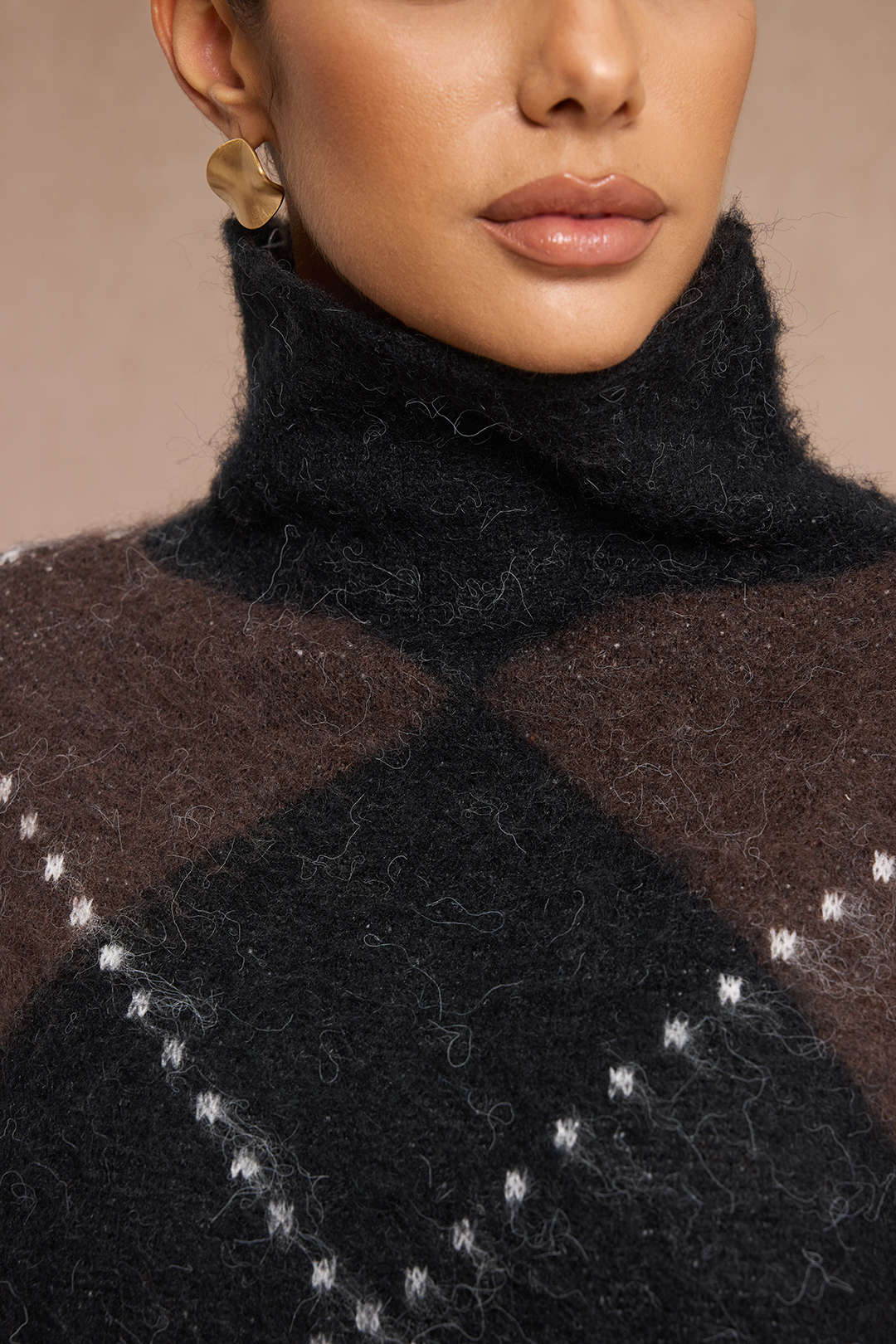 Knit  Argyle Print High Neck Long-Sleeve Top