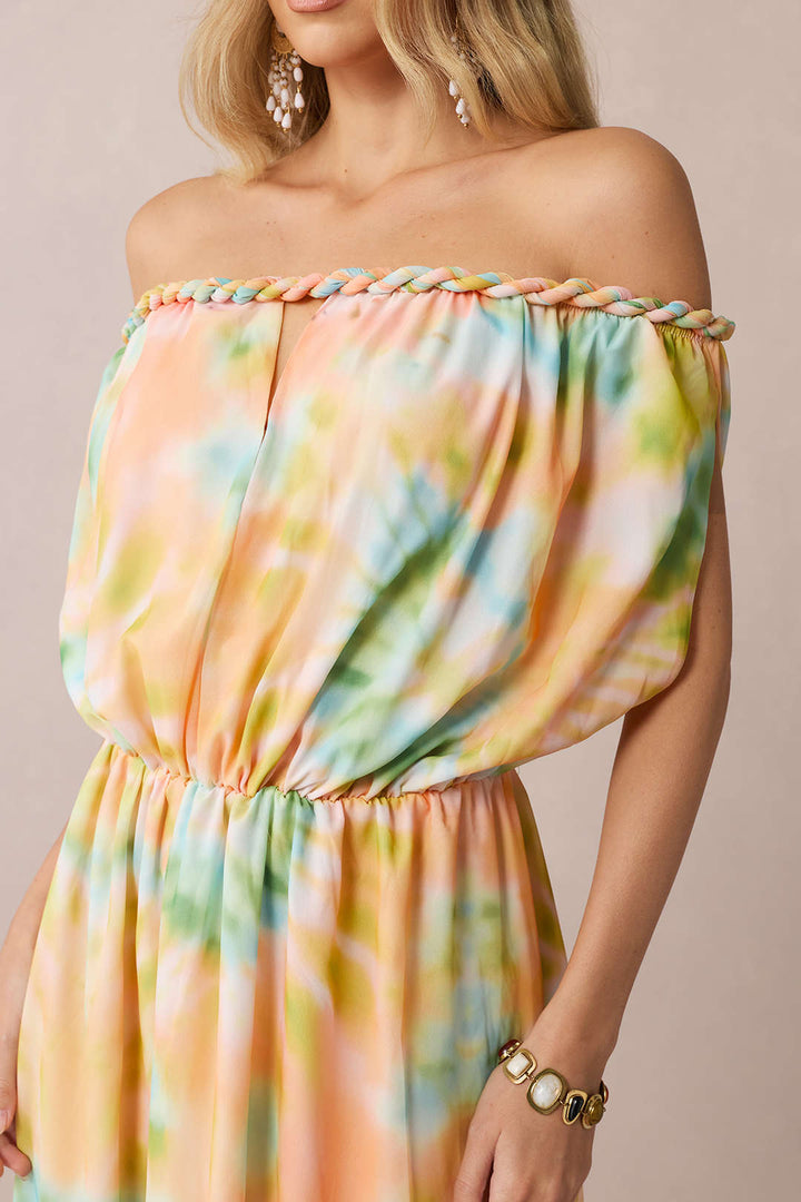Tie Dye Print Chiffon Off Shoulder Twist Knot Ruched Sleeveless Maxi Dress