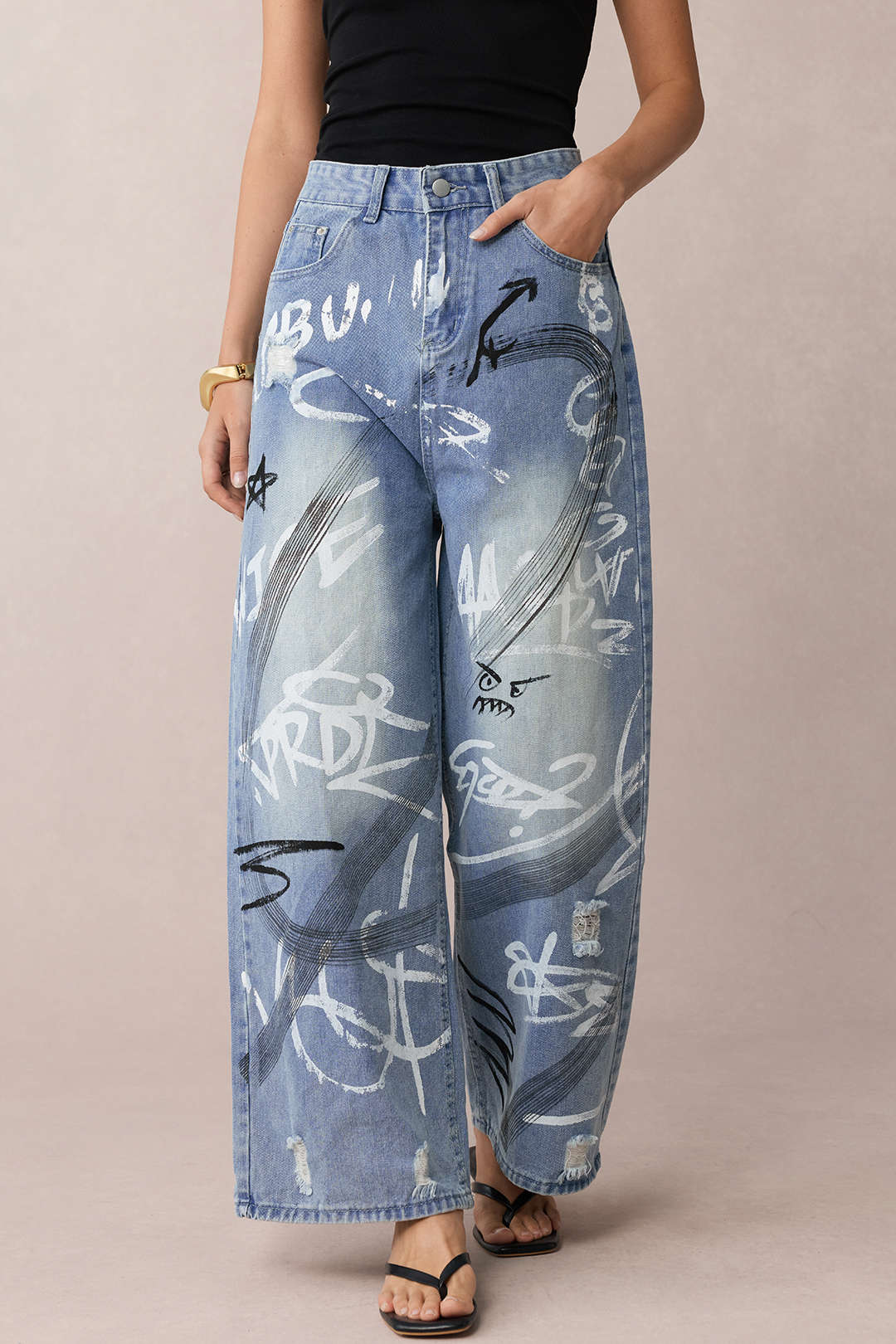 Denim Graffiti Print Zipper Straight Leg Jeans