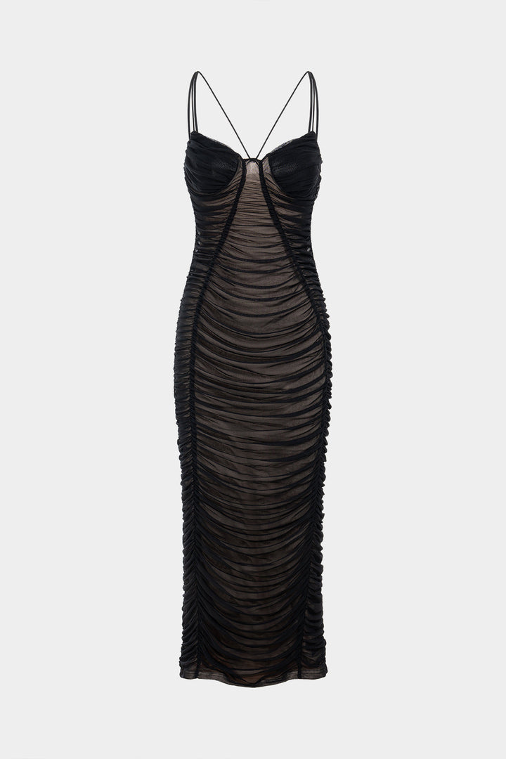 Mesh Patchwork V-Neck Backless Sleeveless Maxi Dress