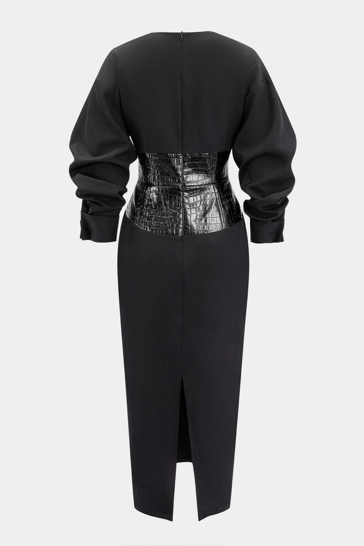 Crocodile Print Faux Leather Patchwork Long Sleeve Maxi Dress