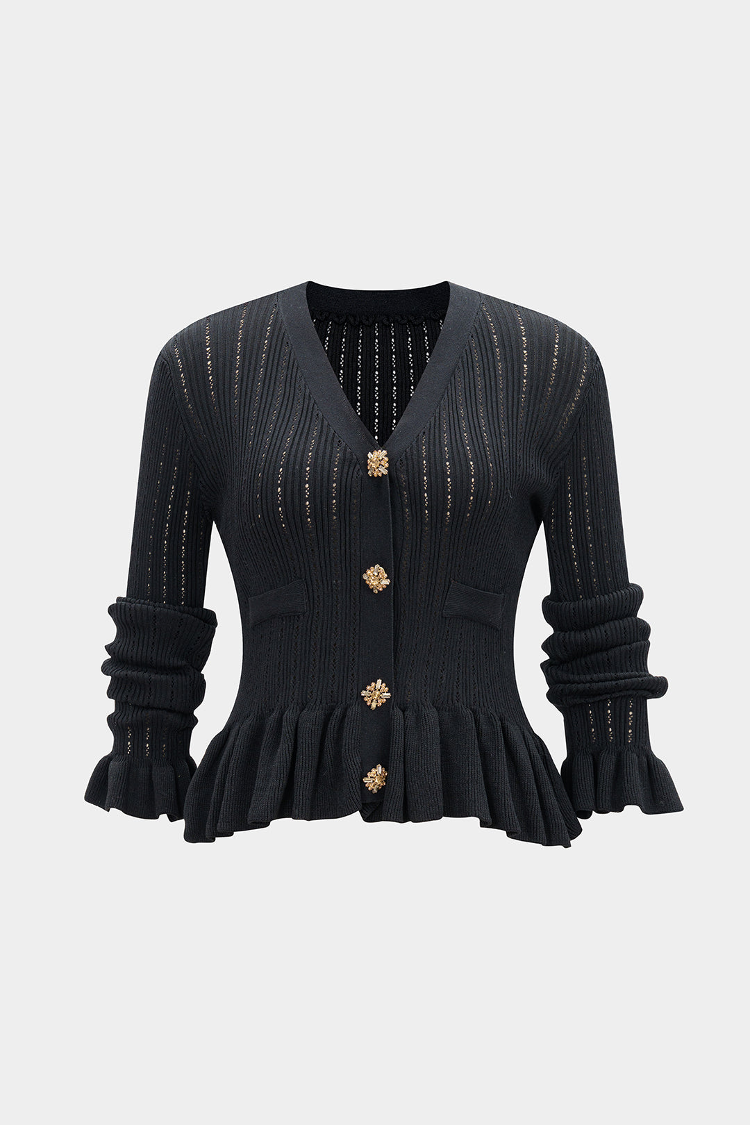 Knit Ruffle V-Neck Metallic Button Cardigan