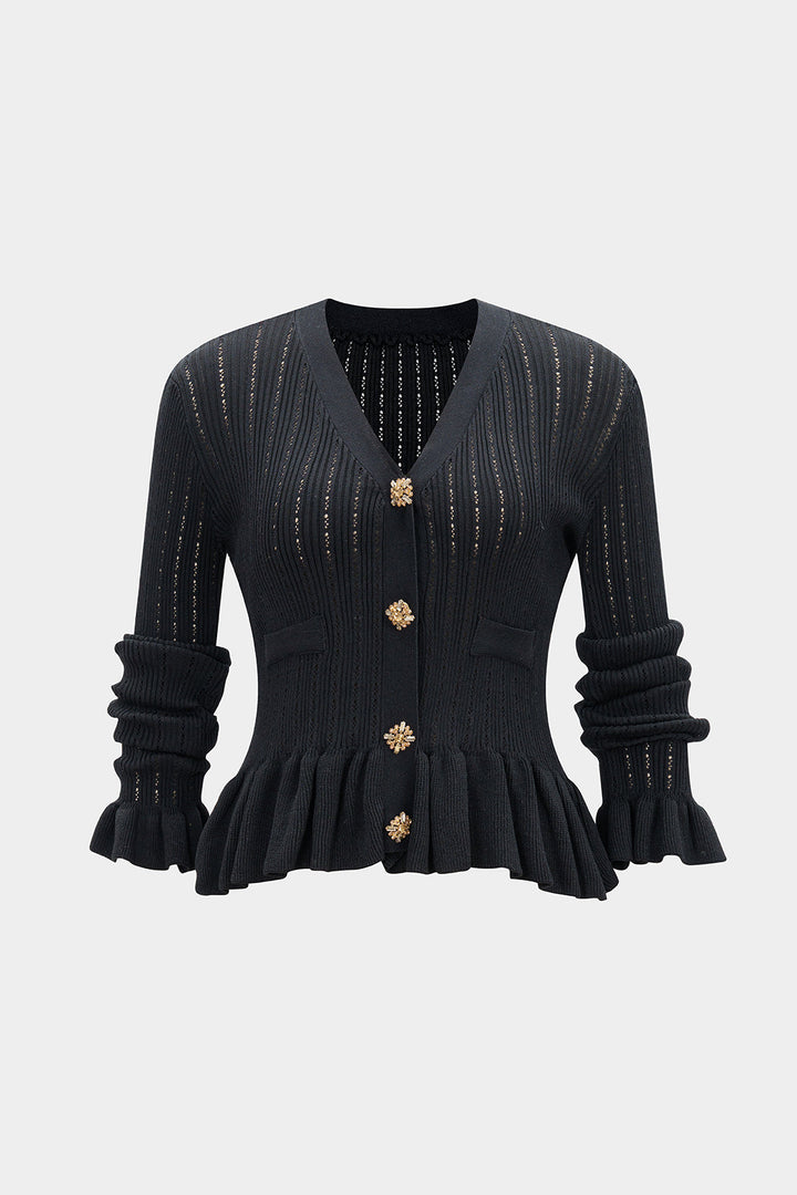Knit Ruffle V-Neck Metallic Button Cardigan
