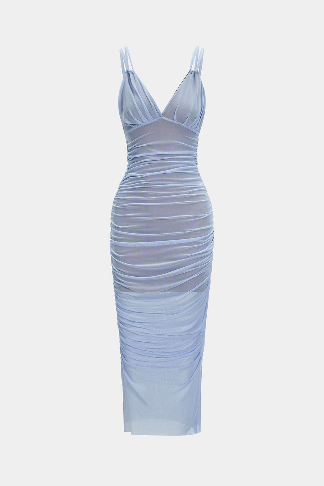 Mesh Ruched Slip V-Neck Sleeveless Maxi Dress