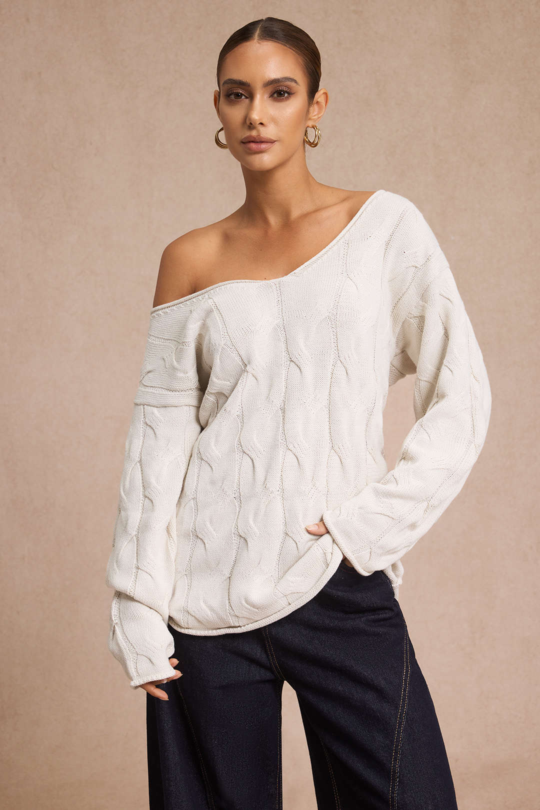 Cable Knit Asymmetrical Neck Long-Sleeve Top