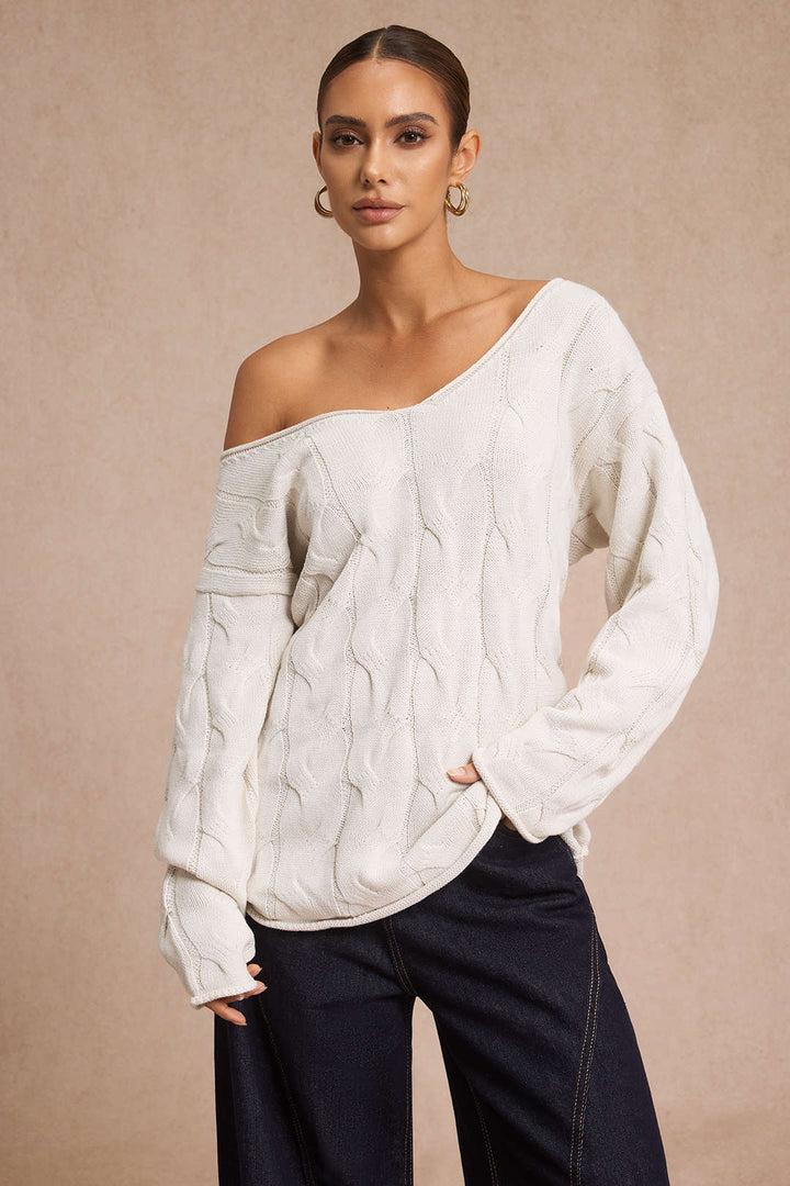 Cable Knit Asymmetrical Neck Long-Sleeve Top