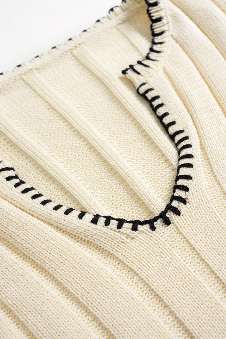 Knit V-Neck Contrast Binding Pocket Long-Sleeve Top