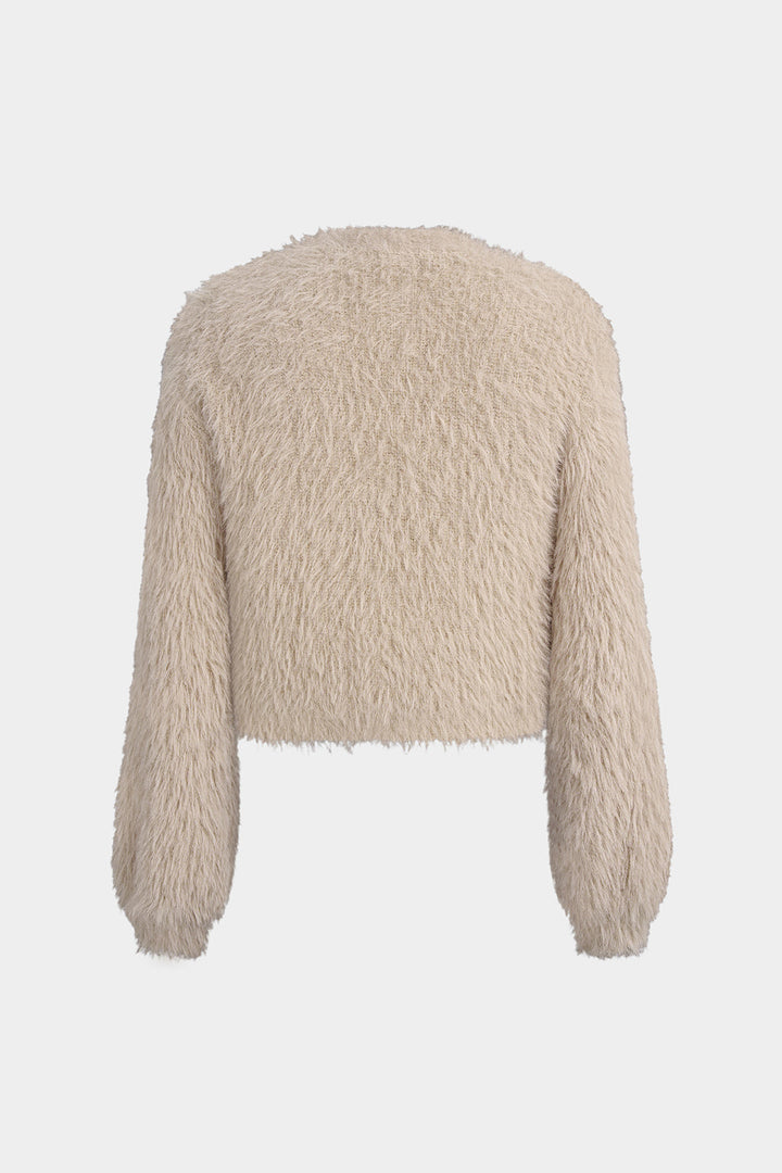 Plush Knit V-Neck One Button Long-Sleeve Top