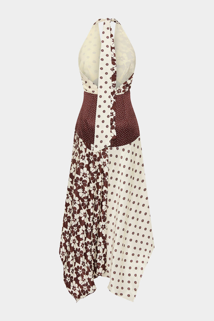 Floral Polka Dots Print Halter V-Neck Sleeveless Maxi Dress