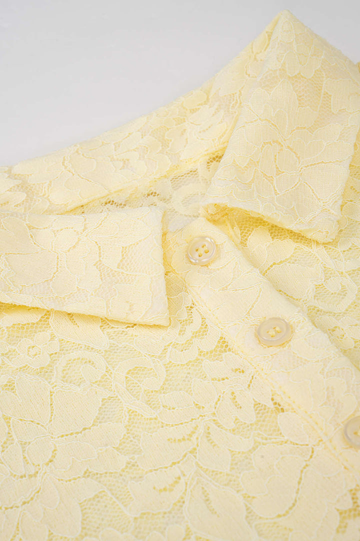 Knit Patchwork Floral Lace Polo Collar Short-Sleeve Top