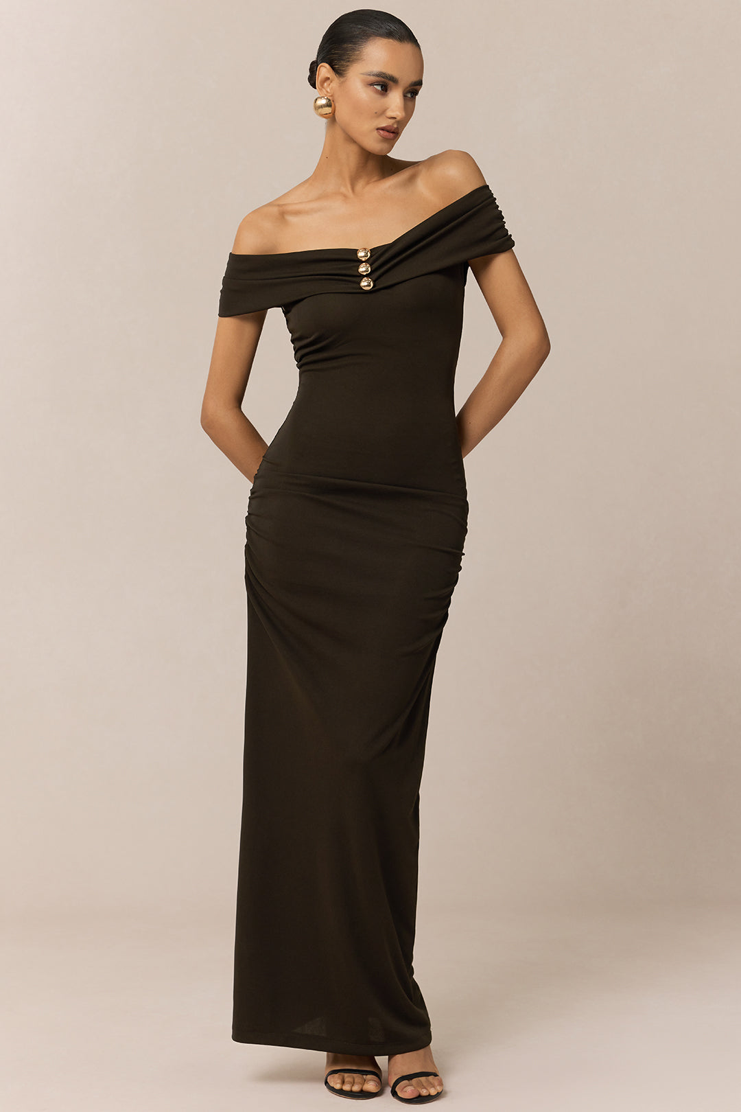 Off Shoulder Metallic Button Maxi Dress