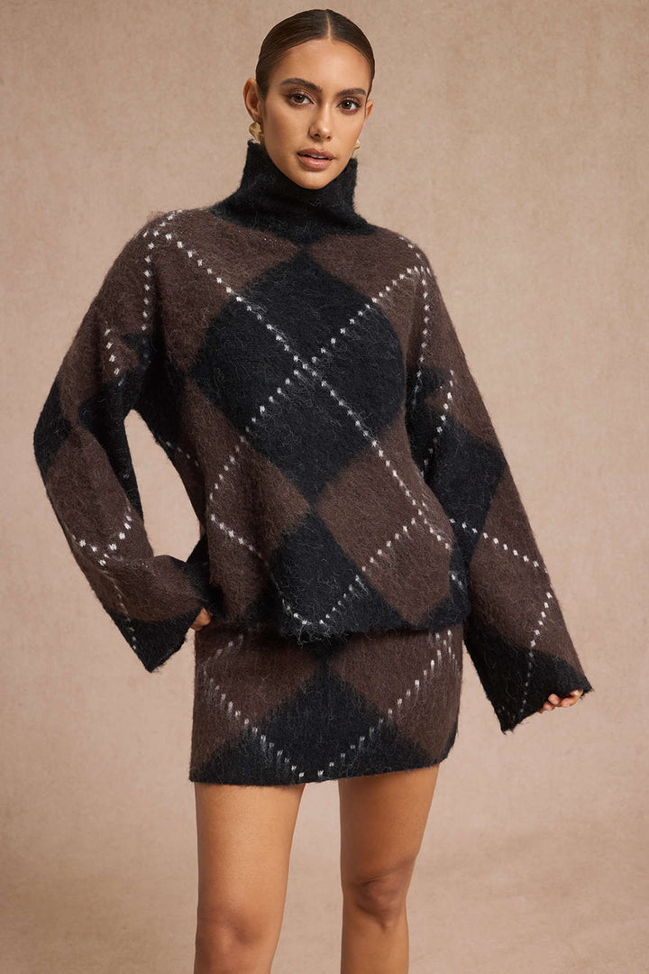 Knit  Argyle Print High Neck Long-Sleeve Top