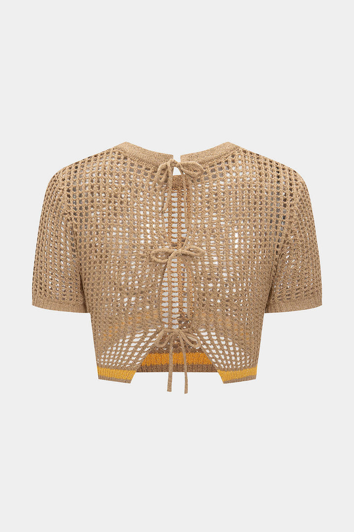 Knit 3D Embroidery Print Contrast Tie Back Short-Sleeve Top