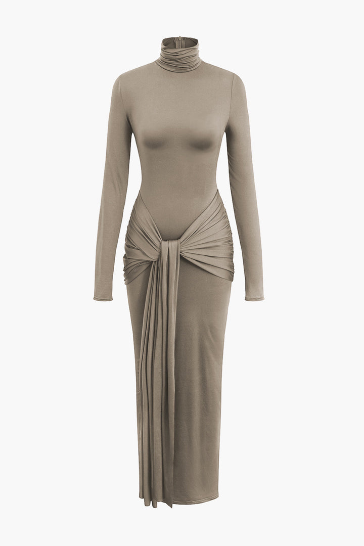Wrap Ruched High Neck Long Sleeve Maxi Dress